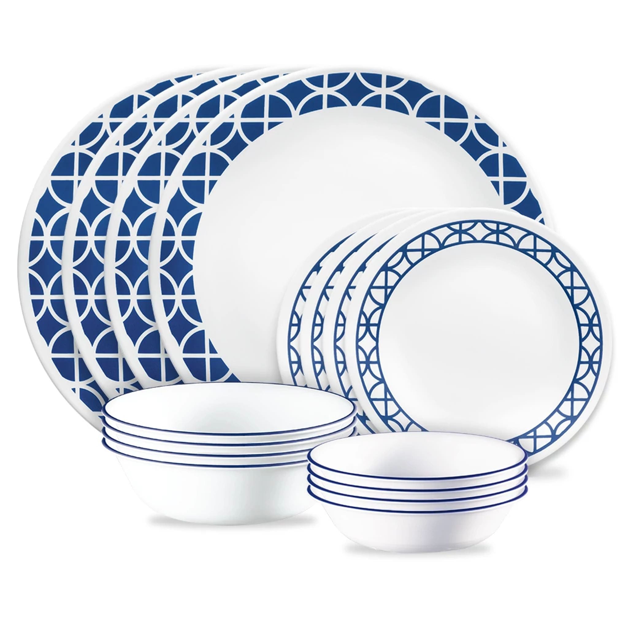 Corelle Cobalt Circles 16-piece Mugless Dinnerware Set, Service for 4